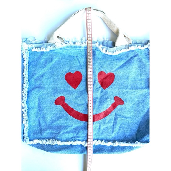 Blue Smiley Face Tote Bag with Red Hearts. - Picture 6 of 8